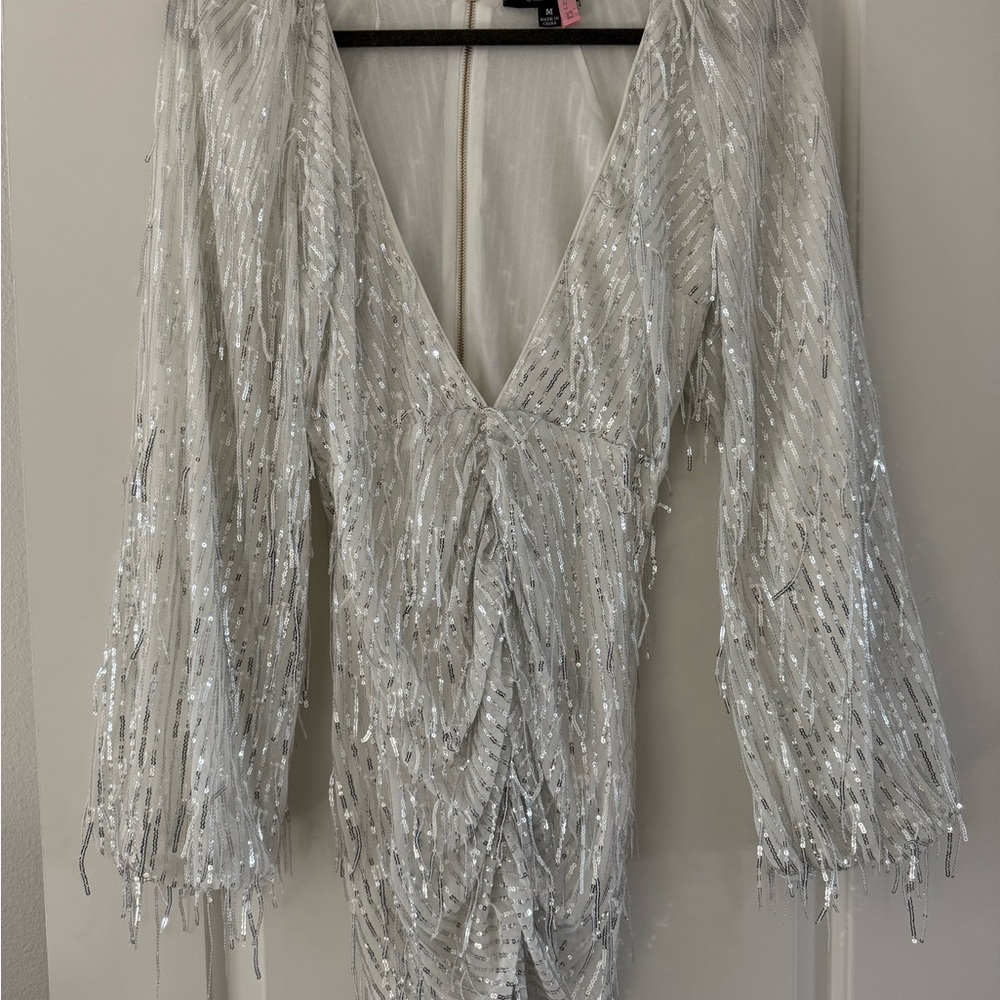 Celebrity by Hera Collection White with Silver Sequin V-Neck